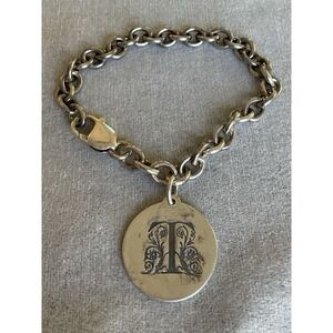 Vintage Lucy Ann 925 Sterling Silver Bracelet Disc Charm Letter T Estate Jewelry